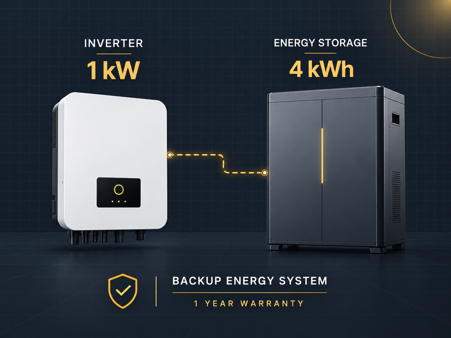 1 kW ინვერტორისა და 4 kWh ენერგიის შემნახველის ტექნიკური ილუსტრაცია